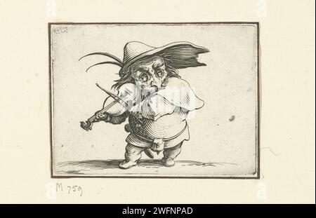 Nain avec violon et épée, Jacques Callot, 1621 - 1625 estampe nain, vu de face, jouant du violon, un chapeau avec deux plumes sur la tête, une épée sur son côté droit. Cette estampe fait partie d'une série de 21 estampes avec des figures grotesques ; presque toutes ces figures sont des nains, beaucoup sont achetés. Nancy papier gravure / gravure petites personnes. une personne jouant d'un instrument à cordes (courbé). violon, violon. hacking et propulser des armes : épée Banque D'Images