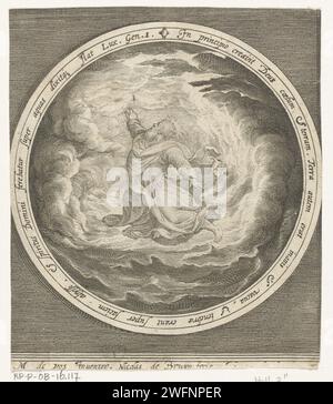 Premier jour de la création : Dieu crée le ciel et la terre, Nicolaes de Bruyn, d'après Maerten de vos, 1581 - 1656 imprimer Premier jour de la création : Dieu crée le ciel et la terre. En médaillon avec un texte biblique en latin de Genèse 1, dans un cadre rectangulaire. Division de gravure sur papier des pays-Bas de la lumière et de l'obscurité Banque D'Images
