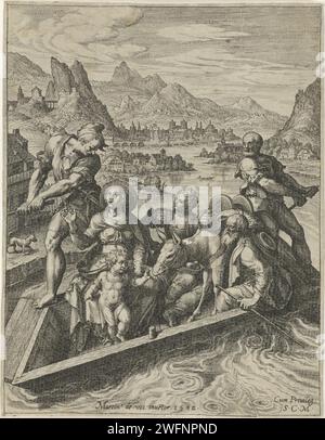 Retour d'Egypte, Johann Sadeler (I), d'après Maerten de vos, 1582 print Maria, Joseph et l'enfant Christ retournent en bateau en Israël. L'enfant Christ nourrit l'âne de paille. L'impression a une citation latine de la Bible comme légende et est la onzième impression d'une série de douze parties sur la naissance et les premières années de Christ. Papier de Cologne gravant la Sainte famille (et parfois d'autres) revenant en Israël. Traverser une rivière dans un bateau, peut-être un ange (ou parfois Charon) comme passeur  la fuite en Egypte Banque D'Images