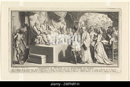 Jugement de Pluton, Bernard Picart, 1727 print Pluton, le dieu des enfers, est assis sur son trône pour juger les âmes des défunts. Une procession de personnes historiques décédées - y compris Erasmus - s'est réunie pour lui. En arrière-plan, le Tartarus, la partie du monde souterrain où les damnés sont punis. Dans la marge, une légende bidirectionnelle en français. Amsterdam gravure sur papier / gravure Pluton comme roi du monde souterrain. Tartarus (et les condamnés qui y sont assignés) Banque D'Images