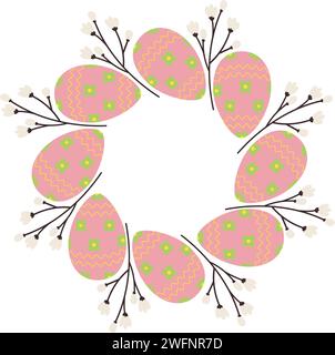 Cadre rond abstrait d'oeufs de Pâques et branche fleurie dans des teintes douces tendance. Idée de voeux de Pâques. Espace de copie. Isoler. EPS. Vector design pour cartes, affiche, bannières, promo ou web, étiquette de prix, étiquette Illustration de Vecteur