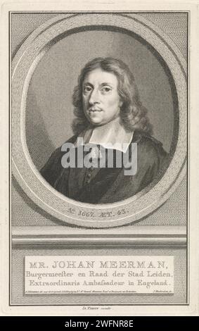 Portrait de Johan Meerman, Jacob Houbraken, d'après Aert Schouman, 1749 - 1759 buste imprimé à gauche de Johan Meerman à l'âge de 43 ans dans un ovale. Le portrait repose sur un socle sur lequel son nom et ses données sont en trois lignes en néerlandais. Amsterdam gravure / gravure sur papier Banque D'Images