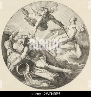 Deuxième jour de création : séparation entre les eaux, Jan Harmensz. Muller, d'après Hendrick Goltzius, 1589 imprimer le deuxième jour de la création : un ange, les quatre vents sur sa tête, sépare l'eau de pluie de l'eau de la terre. L'eau de pluie est personnalisée par une femme avec une carafe à la main, d'où coule l'eau. Dans son autre main l'arc-en-ciel. L'eau de la terre est personnalisée par un dieu de puissance, avec une cruche d'où coule l'eau. Coquilles sur sa tête. Au texte de la Bible dans Genèse 1 : 6-8. Gravure sur papier Amsterdam création du firmament et division des eaux au-dessus et au-dessous. OCE Banque D'Images