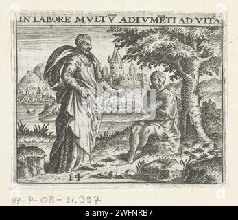 L'homme s'adresse à un homme assis, 1596 print Un homme est assis avec les bras et les jambes se croisant sur une pierre au bord d'une rivière. Un homme debout à Toga s'adresse à lui. Derrière l'homme assis se trouve un arbre creux et des insectes sortent du tronc. Frankfurt am main gravure papier insectes. personne ayant un handicap physique. plantes ; végétation (+ tige, tronc) Banque D'Images