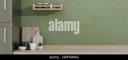 Un espace pour exposer votre produit sur un comptoir de cuisine en bois dur contre le mur vert dans une cuisine moderne. rendu 3d, illustration 3d. Banque D'Images