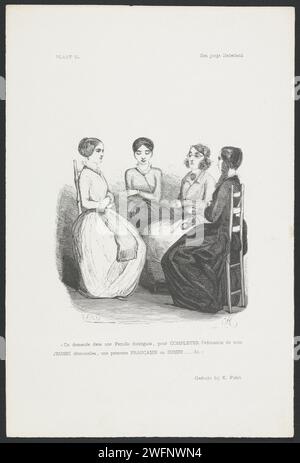 Quatre femmes discutent du choix entre un gouverneur suisse et un gouverneur français pour trois filles d'une famille distinguée, Rombertus Julianus van Arum, 1847 imprimer quatre femmes sont dans un cercle. Dans la marge inférieure deux lignes de texte français dans l'impression de livre. Imprimeur : Amsterdamprinter : impression typographique papier de la Haye Banque D'Images