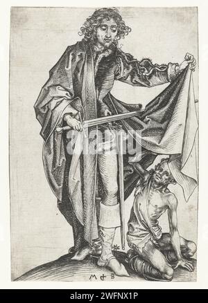 Holy Maarten, Martin Schongauer, c. 1470 - 1491 imprimer le Saint Maarten coupe une partie de son manteau avec son épée pour l'homme handicapé mal frappé par ses pieds. Allemagne gravure sur papier St. Martin divise son manteau (c'est-à-dire la charité de Saint Martin) : il est généralement montré à cheval, coupant son manteau avec son épée, ou mettant une partie du manteau autour des épaules d'un mendiant qui s'agenouille à côté de lui Banque D'Images