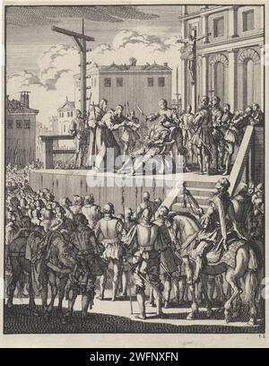 Álvaro de Luna y Jarana, Castille de Castille, est coupé avec un couteau, 1453, Jan Luyken, 1698 print Amsterdam paper mordant la mort violente par décapitation Banque D'Images
