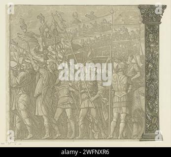 TRIOMFTOCHT van Julius Caesar, Andrea Andreani, d'après Bernardo Malpizzi, d'après Andrea Mantegna, 1599 imprimeur : Italyafter dessin par : Mantouaafter peinture par : Mantoue papier triomphe de César. corne, trompette, cornet, trombone, tuba. torche Banque D'Images