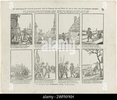 Pour immortaliser l'événement suivant, le gouvernement de la ville de Hoorn a fait ce verset dans Steen, Handen on the Westerpoort (...), Alexander Cranendoncq (peut-être), 1819 - 1840 print feuille avec 8 représentations sur Lambert Melisz. Lambert Melisz de Zaandam mit sa vieille mère mal courue sur un traîneau en février 1574 et s'enfuit avec elle dans le froid rude sur la glace, en chemin, ils furent attrapés par les Espagnols. Lorsque les soldats ont trouvé le jeune avec sa mère battante cachés sous des couvertures, ils ont été tellement agités de telle sorte que les deux ont été laissés intacts. Après un dur voyage, Lamber Banque D'Images