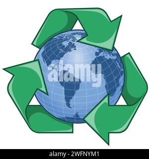 Conception vectorielle de logo de recyclage avec la planète Terre, conception de sphère de terre avec des flèches de recyclage Illustration de Vecteur