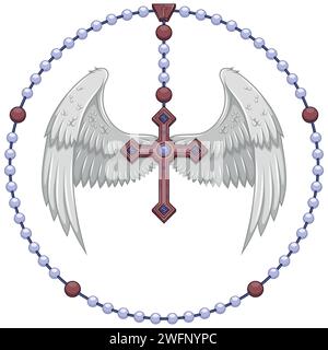 Conception vectorielle de croix ailée avec rosaire chrétien, croix céleste avec ailes, symbologie de la religion catholique Illustration de Vecteur