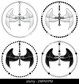 Conception vectorielle de croix ailée avec rosaire chrétien, croix céleste avec ailes, symbologie de la religion catholique Illustration de Vecteur