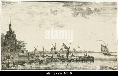 Havengekicht op het Oude Hooft à Rotterdam, Hendrik Kobell, 1768 print face du port sur l'Oude Hooft à Rotterdam, avec un échafaudage au premier plan avec un voilier et quelques bateaux à rames. Divers personnages courent sur la jetée et des tonnes mentent. Le vieux Hooft peut être vu à gauche de la jetée. De nombreux moulins en arrière-plan. Rotterdam paper graving Pier, quai, quai. city-gate. voilier, voilier Rotterdam Banque D'Images