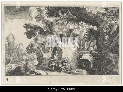 Paysage forestier avec Hagar et Ismaël, Simon Frisius, d'après Matthijs Bril, 1611 impression un ange montre Hagar le chemin. Au premier plan, Ismaël est sous un buisson. Imprimeur : Northern Netherlandspublisher : le papier de la Haye gravure d'un ange apparaît et révèle un puits d'eau à Hagar Banque D'Images