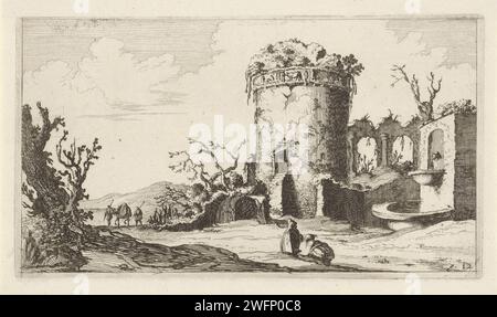 Fontaine en ruine avec une tour ronde, Gillis van Scheyndel (I), d'après Antoine Perelle, 1640 - 1706 print il y a une ruine avec une tour ronde et une fontaine dans un paysage. Le long de la ruine, deux voyageurs voyagent avec un cheval. Au premier plan, certains personnages regardent la ruine. L'estampe fait partie d'une série de douze paysages. Paysage de gravure de papier Amsterdam avec des ruines. 'en route', voyageur en route. fontaine ornementale Banque D'Images