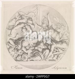 Dood van sardanapalus, Johannes Glauber, d'après Gerard de Lairese, 1684 - 1726 print Round show. Le roi assyrien Sardanapale met le feu à son palais après que les évits aient battu son armée à Nineve. Il poursuit sa cour pour la lame. L'estampe est vers un bas-relief perdu de Gérard de Lairesse et fait partie d'une série en quatre parties avec le sujet du monde riche en antiquité classique. Imprimeur : inconnaissnaprès peinture par : Amsterdam papier gravure mort de Sardanapale : avant de se brûler dans son palais avec tous ses trésors, il a son harem et ses chevaux tués Banque D'Images