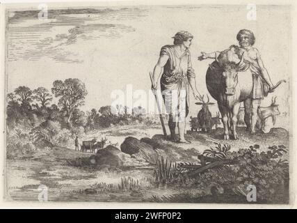 Argus demande à Mercure de rester avec lui, Moyses van Wtenbrouck, 1618 - 1628 print Argus fait, penché sur la vache, un geste questionnant à Mercure. Scène d’Ovidius ’Metamorphoses (avec. I, 679-680). Gravure / gravure sur papier de la Haye Io changé en vache : pour éviter la détection par Juno, Jupiter change Io en vache (Ovide, Métamorphoses I 611) Banque D'Images