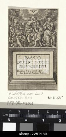 Vertus divines, Hieronymus Wierix, 1563 - avant 1619 imprimer Pieth stable avec le titre de série en latin. Au-dessus se trouvent les trois vertus divines : la foi (avec la croix), l'amour (avec les petits enfants) et l'espérance (avec l'ancre). Au-dessus d'eux, le Saint-Esprit comme un pigeon. Papier anversois gravant les trois vertus théologiques. Saint-Esprit représenté comme une colombe (en flammes) Banque D'Images