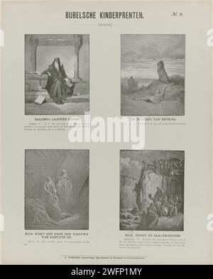 Gravures pour enfants de la Bible, 1869 - 1908 estampe feuille avec 4 représentations d'histoires de l'ancien Testament. Écrivant Salomon, l'homme de Dieu décédé de Juda et le Prophète de Betel, Elie ramène le fils de la veuve de Sareepta à la vie et Elie laisse Baal tuer les prophètes. Un texte biblique sous chaque image. Numéroté en haut à droite : n° 9. Impression typographique papier Amsterdam ancien Testament. Salomon comme auteur, généralement avec scroll. Le corps du prophète de Juda repose intact sur la route avec l'âne et le lion à côté. Élie rétablit à la vie l'enfant de la veuve de Zarephath. À El Banque D'Images