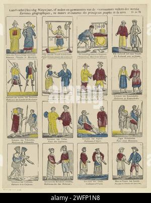 Landrieverkundig nouvel an, or Morals and Customs of the MOST important peoples of the World / etrennes géographiques, ou muors et costumes des principaux Peples de la Terre, 1800 - 1833 print feuille avec 16 représentations de costumes traditionnels de divers peuples, y compris chinois, résidents du Siam, résidents d'Alger et de Khoikhoi. Sous chaque représentation une légende en néerlandais et en français. Numéroté en haut à droite : (n. 42 B). Impression typographique en papier Turnwood africains. Peuples autochtones d'Amérique du Nord. Races et peuples asiatiques. costume historique Banque D'Images