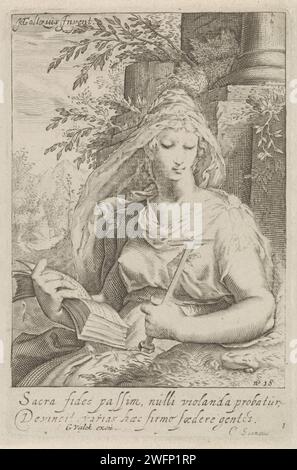 Geloof (Fides), anonyme, d’après Jacob Matham, d’après Hendrick Goltzius, 1697 - 1715 imprimer une figure féminine avec un crucifix et une Bible dans un paysage comme personnification de la foi (Fides). Amsterdam papier gravure Faith, 'Faith' ; 'Fed ',' Faith Catholic ',' Fed Christian ',' Fed Christian Catholic Church '(Ripa)  l'une des trois vertus théologiques Banque D'Images