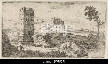 Paysage avec tour carrée, Abraham Genoels, 1650 - 1723 imprimer Un paysage avec une tour carrée au premier plan. Une ville en arrière-plan. Paris (éventuellement) gravure de papier paysage avec tour ou château (+ ville(-scape) avec figures, staffage) Banque D'Images