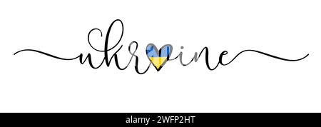 Lettrage Ukraine avec emblème de drapeau en forme de coeur. Je me tiens avec l'Ukraine, symbole d'amour avec drapeau national. Illustration vectorielle Illustration de Vecteur