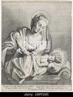 Marie dans le culte à la Christenkind, Lucas Vorsterman (I), d'après Pierre Paul Rubens, 1640 - 1670 imprimer Maria avec les mains pliées dans le culte à l'enfant du Christ endormi. Anvers papier gravure / gravure adoration du Christ-enfant par Marie Banque D'Images