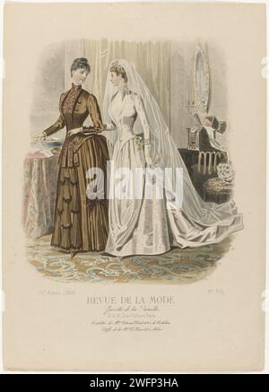 Revue de mode, Family gazette, dimanche 7 novembre 1886, 15e année, no 775 : toilettes de MR.Me Lebrun-Vidal (...), Anonyme, 1886 Une femme et une mariée sont armées dans un intérieur, en arrière-plan une 'Corbeille de Marrion' sur une table. A gauche : toilette de brune 'faille française' et chenille. Jupe sur le côté pliée et avec un gros noeud. Droite : Robe de mariée. Jupe inférieure de brokaat ou brochure velours, traînée de satin Uni. Voile (voile) de Tulle. Fleur en relief à la hanche. Selon la légende : 'WCs' de Lebrun-Vidal. Ci-dessous une règle de texte publicitaire pour différents produits. Imprimez à partir du fas Banque D'Images