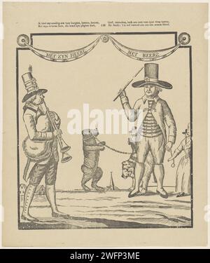 J'offre mon aiguille pour les civils, messieurs, agriculteurs, / avec mon ours expérimenté, qui fait ses pligs, / donner aux gens. Encore un cent pour ses visites sales / et pense : il est dépensé quand un pauvre sang, 1833 - 1900 imprimer feuille avec une grande représentation de deux hommes avec deux dansant les ours. L'un des hommes joue à la cornemuse. Numéroté au milieu : non 142. Imprimeur : Rotterdam Éditeur : Turnhout Éditeur : Turnhout Éditeur : Turnhout impression typographique en papier ours (performance de cirque) (+ danse  activités festives). apprivoiser et dresser les animaux. cornemuse, musette Banque D'Images