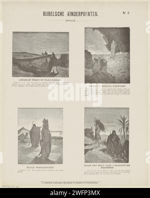 Gravures pour enfants de la Bible, 1869 - 1908 estampe feuille avec 4 représentations d'histoires de l'ancien Testament. Abraham se rend à Canaan, Lot et sa fille après la destruction de Sodome et Gomorra, l'exil d'Agar et Ismaël et Isaac porte le bois pour l'holocauste. Un texte biblique sous chaque image. Numéroté en haut à droite : n° 2. Impression typographique papier Amsterdam ancien Testament. Abraham va à Canaan (Genèse 12:1-9). La destruction de Sodome et Gomorrhe : Lot et sa famille fuient à Zoar, portant leurs biens ; un ange peut montrer le chemin (Genèse 19:24-29). le bannissement Banque D'Images