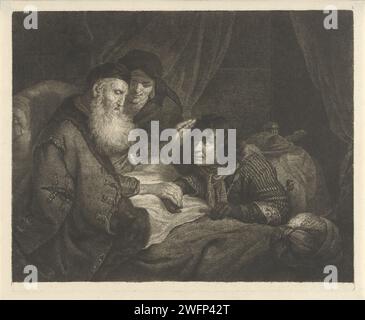 Isaac Bless Jakob, Johannes Pieter de Frey, après Govert Flinck, 1798 imprimer le vieil Isaac est au lit et donne sa bénédiction à Jacob agenouillé. En diagonale derrière Isaak se trouve Rebekka. Isaac couché dans son lit bénit Jacob qui, déguisé dans les vêtements d'Esau, apporte de la nourriture à son père ; les mains et le cou de Jacob sont couverts de peaux de chèvre Banque D'Images