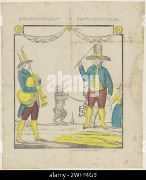 J'offre mon aiguille pour les civils, messieurs, agriculteurs, / avec mon ours expérimenté, qui fait ses pligs, / donner aux gens. Encore un cent pour ses visites sales / et pense : il est dépensé quand un pauvre sang, 1833 - 1856 imprimer feuille avec une grande représentation de deux hommes avec deux dansant les ours. L'un des hommes joue à la cornemuse. Numéroté au milieu : non 142. Imprimeur : Rotterdam Éditeur : Turnhout impression typographique en papier ours (performance de cirque) (+ danse  activités festives). apprivoiser et dresser les animaux. cornemuse, musette Banque D'Images