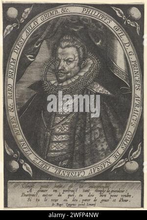 Portrait de Philip Willem, Prince d'Orange, Anonyme, c. 1595 - 1606 tirage Portrait de Philip Willem dans un ovale avec bord. Une pomme orange dans les quatre coins. Quatre lignes de texte français dans la marge inférieure. Imprimeur : Low CountriesPublisher : gravure sur papier Louvain / gravure ordre chevalier de la Toison d'or - insigne d'un ordre chevalier, par exemple : badge, chaîne (avec NOM de l'ordre) Banque D'Images