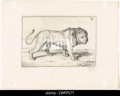 Paysage avec Leeuw, Bernard Picart, d'après Albrecht Dürer, 1729 impression Paysage avec un lion qui court à droite. En haut à droite le monogramme d'Albrecht Dürer. Marqué en bas à gauche : A. numéroté ci-dessous : 2. Amsterdam papier gravure bêtes de proie, animaux prédateurs : lion Banque D'Images