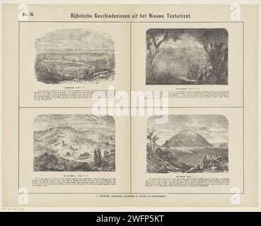 Histoires bibliques de l'ancien Testament, 1871 - 1908 imprimer feuille avec 4 représentations de lieux de l'ancien Testament. Jérusalem, Getsemane, le mont de Olijf et le Berg Tabor. Le texte biblique correspondant sous chaque image. Numéroté en haut à gauche : n° 18. Impression typographique papier Amsterdam ancien Testament Jérusalem. Getsemane. Mont des oliviers. Tabor Banque D'Images