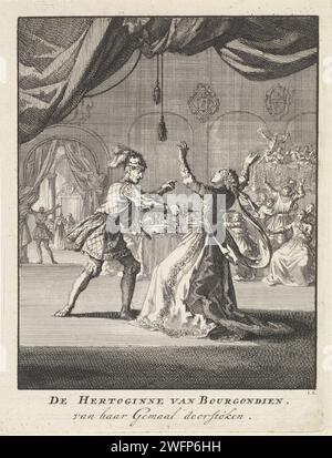 Meurtre de la duchesse de Bourgogne, Jan Luyken, 1699 estampe lors d'une fête dans une salle de bal, la duchesse de Bourgogne est assassinée par son mari avec un poignard. Amsterdam papier gravure féodal lord - BB - règle féminine. seigneur féodal. mort violente par poignard, couteau. meurtre. Bal, danse formelle Bourgogne Banque D'Images