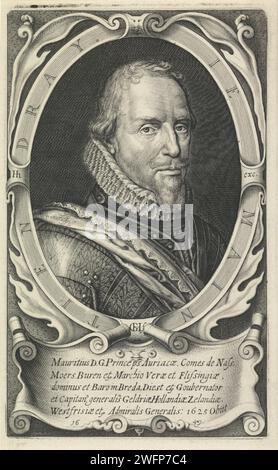 Portrait de Maurits, Prince d'Orange, Willem Hondius, 1649 tirage Portrait de Maurits dans un ovale orné avec bord. Son nom dans un cartouche. Gravure sur papier de la Haye Banque D'Images