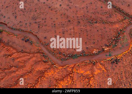 Vue aérienne des lits de rivières à sec serpentant dans un cadre aride de l'outback à Broken Hill, en Nouvelle-Galles du Sud, en Australie. Banque D'Images