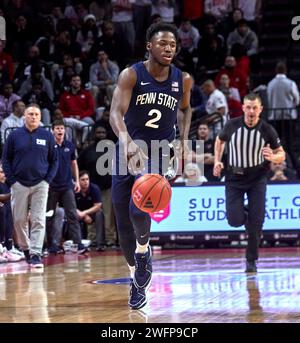 Le garde des Lions de Marco Dunn (2) de Penn State Nittany amène le ballon sur le terrain contre les Rutgers Scarlet Knights lors d'un match de basket-ball Big Ten à Jersey MikeÕs Area à Piscataway, New Jersey, le mercredi 31 janvier 2024. Banque D'Images