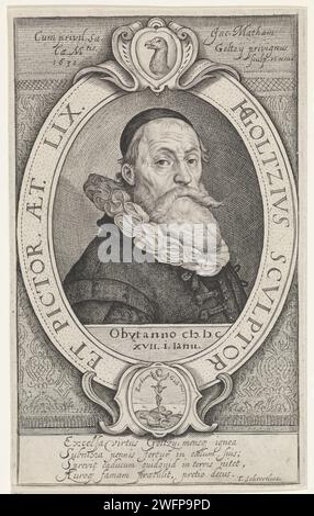 Portrait de Hendrick Goltzius à droite, Jacob Matham, tirage de 1630 Portrait du peintre et graveur Hendrick Goltzius (1558-1616) à l'âge de 59 ans. Haarlem gravure sur papier personnes historiques. portrait, autoportrait de peintre Banque D'Images