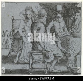 Cinq personnes assises autour d'une table sur une terrasse, Anonyme, d'après Esaias van de Velde, 1615 - 1680 imprimer cinq dames et messieurs habillés à la mode s'assoient et se tiennent debout à une table sur une terrasse. gravure de papier visite ; recevoir des invités ; compagnie élégante. robe, robe (+ vêtements pour femmes) Banque D'Images