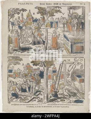 PaaS -Prys / Jezus Sound / Dood A Bureand, 1831 - 1854 print feuille avec 4 représentations de la vie du Christ: le Doornenkring, Christ montré au peuple (Ecce Homo), Christ sur la pierre froide tandis que les soldats lui donnent à boire et la mission du Christ avec Marie et Nicodème sous la croix. En bas à gauche dans chaque image une personne agenouillée avec le texte : Coninck / Raetsheer / Krysman / Hvisman. Au milieu de chaque image une lettre : R / V / A / M. sous chaque image une légende et une référence au texte biblique correspondant. Numéroté en haut à droite : n° 6. Editeur : Amsterdamprint Maker : Netherl Banque D'Images