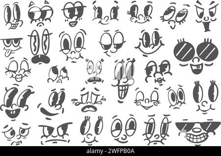Visages rétro de dessin animé. Mascotte mignonne comique avec des expressions drôles souriantes et en colère. Vieux personnages caricaturaux des années 50. Vecteur Illustration de Vecteur