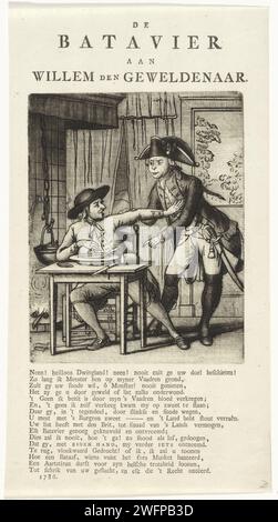 Caricature sur Willem V qui veut prendre la nourriture d'un fermier de Gelderland, 1786, Johannes Jelgerhuis, 1786 print caricature dans Stadholder Willem V après les événements autour de Hattem et Elburg, au début de septembre 1786. le prince veut prendre le conseil avec de la nourriture et du pain d'un fermier de Gelderland, qui proteste fortement contre cela. Sur la feuille sous la plaque un verset de seize lignes : non! Heillaos Dwingland ! non ! Nord des pays-Bas papier impression typographique manger Banque D'Images