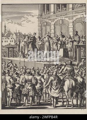 Decapitation of Lady Jane Gray in London, 1554, Jan Luyken, 1698 print Amsterdam paper graving violent Death by Beeting Tower of London Banque D'Images