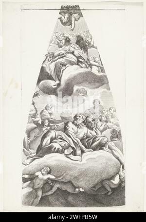 Noé et d'autres patriarches assis sur un nuage, Carlo Cesio, d'après Giovanni Lanfranco, 1636 - 1686 imprimer Noé et d'autres patriarches assis sur un nuage. Ils sont entourés d'anges, dont l'un joue sur un violon. Imprimeur : Italiaaprès dessin par : Italiaaprès peinture par : Rome gravure sur papier / gravure groupes de personnes de l'ancien Testament. anges. Histoire de Noah. anges chantant, faisant de la musique Banque D'Images