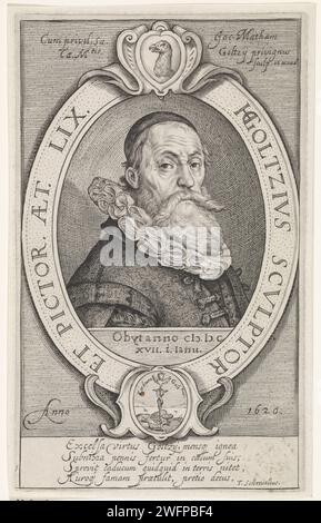 Portrait de Hendrick Goltzius à droite, Jacob Matham, tirage de 1620 Portrait du peintre et graveur Hendrick Goltzius (1558-1616) à l'âge de 59 ans. Haarlem gravure sur papier personnes historiques. portrait, autoportrait de peintre Banque D'Images