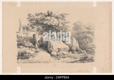 Paysage avec porte d'entrée à la maison, Constantinus Cornelis Huysmans, 1838 estampe Une femme, vue au dos, traverse une clôture vers l'entrée de la ferme. Un arbre et des rochers devant la clôture. Numéroté à gauche et en bas à droite : 3e paquet, pl. 1. Ferme de papier Dordrecht ou maison solitaire dans le paysage. portail, entrée. clôture, mur, paillage. roches Banque D'Images